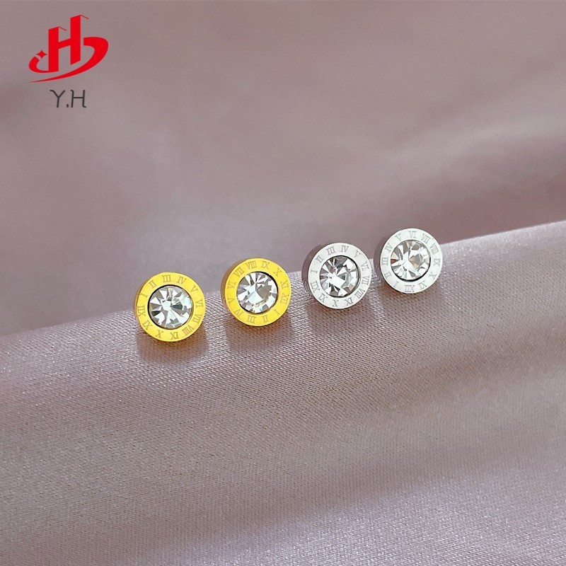 Y.H 316L โรมัน เพชร 18K สีทอง ง่าย ต่างหูสแตนเลส
