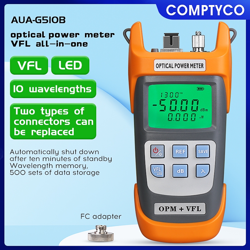 Comptyco เครื่องวัดค่าแสงออปติคอล AUA-G510B 3-in-1 -50+~26dbm 10 ความยาวคลื่น พร้อมตัวระบุตําแหน่งความผิดพลาดทางสายตา 1 10 20 30 50 กม. OPM VFL