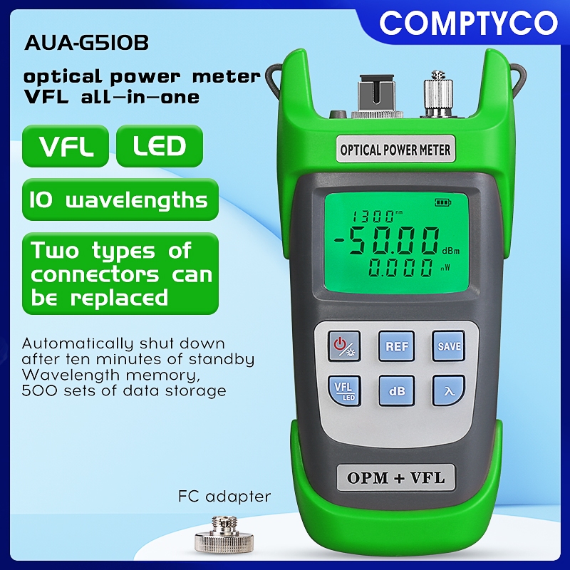 Comptyco เครื่องวัดพลังงานแสงสีแดง สีเขียว AUA-G510B 3-in-1 -50+~26dbm ความยาวคลื่น 10 คลื่น พร้อมตัวระบุตําแหน่งความผิดพลาดทางสายตา 1 10 20 30 50 กม. OPM VFL