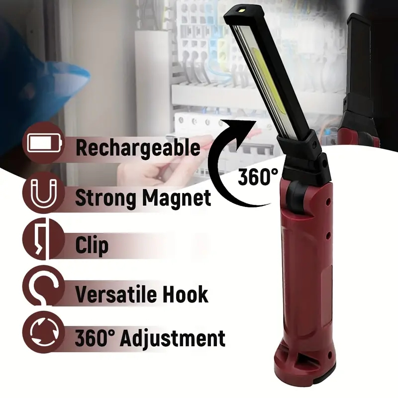 ไฟ LED ทํางาน แบบชาร์จไฟได้ พร้อมฐานแม่เหล็ก 5 โหมด 360° ไฟฉายฟลัดไลท์ สีแดง ปรับได้ สว่างมาก สําหรับซ่อมแซมรถยนต์ ตั้งแคมป์ กลางแจ้ง
