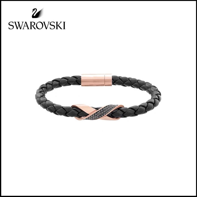 Swarovski สร้อยข้อมือ แหวนหนังถัก สีดํา ของขวัญแฟนหนุ่ม สําหรับผู้ชาย