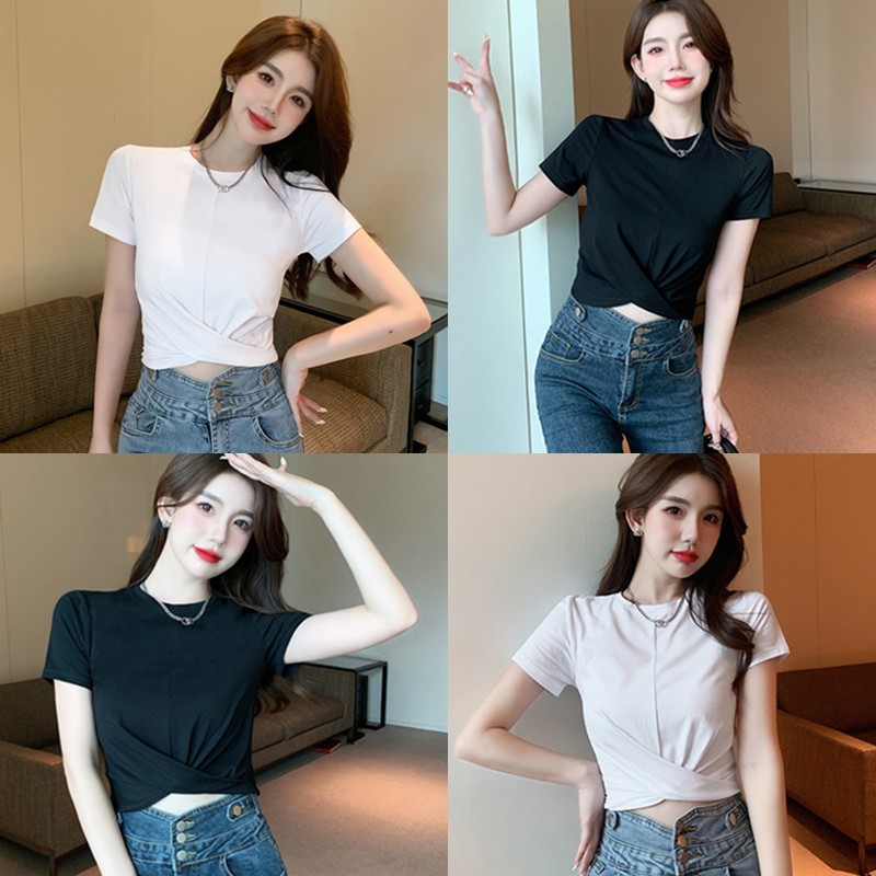 【WJZ】แฟชั่นของผู้หญิงสไตล์เกาหลีสีทึบการออกแบบเสื้อยืดแขนสั้นคอกลมผิดปกติ【6720】