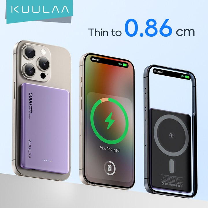 KUULAA 5000mAh Wireless Portable Charger พาวเวอร์แบงค์ + แท่นชาร์จไร้สาย Slim PowerBank Magnetic 15W Wireless Fast Charging Power Bank Mini Size Thinnest 8.6cm Non-slip Silicone Wireless Charging For iPhone 8-15 Series