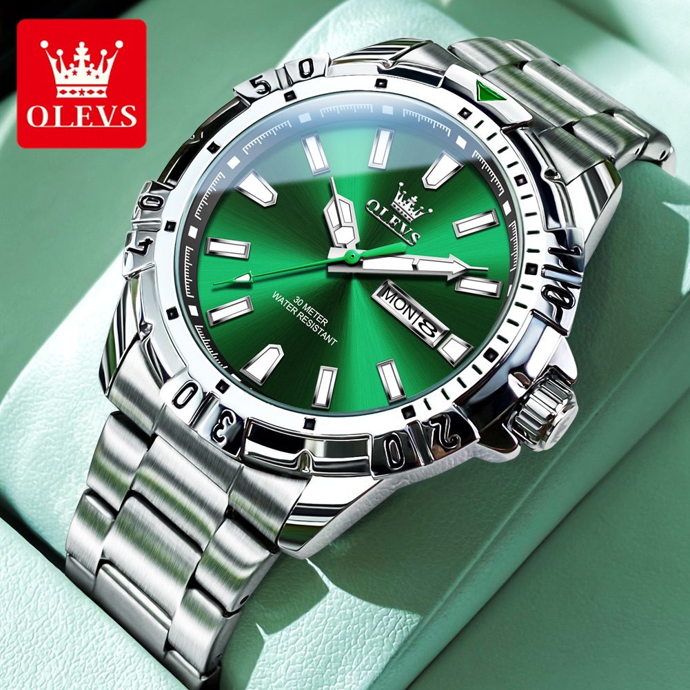 OLEVS นาฬิกาผู้ชาย กันน้ํา 100% สายแสตนเลสเรืองแสง ผีน้ำสีเขียว นาฬิกาข้อมือควอตซ์แฟชั่น สําหรับบุรุษ นาฬิกาข้อมือ รุ่น: 5560