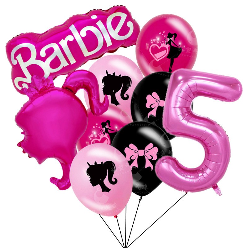 9pcs สีชมพูตุ๊กตาบาร์บี้บอลลูนจํานวนบอลลูนสําหรับ Barbie Theme Party สาววันเกิด Latex บอลลูนตกแต่ง Baby Shower เจ้าหญิง Globos