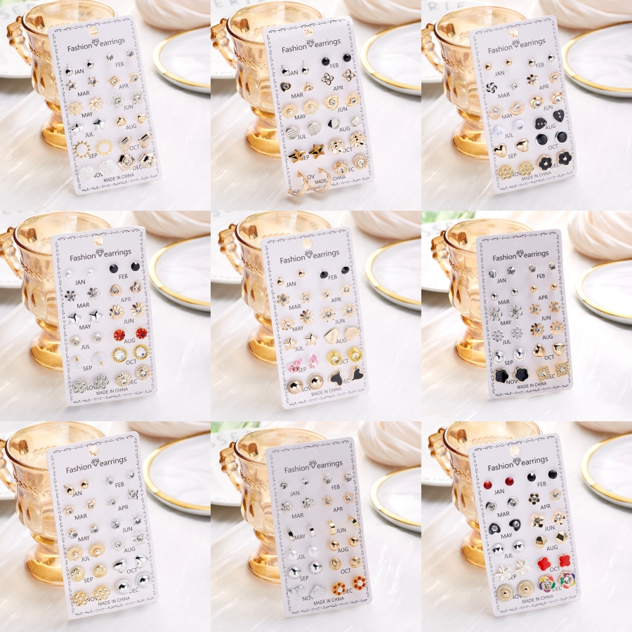 เครื่องประดับ ต่างหูเม็ดเดี่ยว เงิน S925 รูปหัวใจ ดาว ดวงจันทร์ ดอกไม้ เรขาคณิต ประดับมุก พลอยเทียม แนวมินิมอล แฟชั่นสําหรับผู้หญิง 12 คู่ ต่อชุด