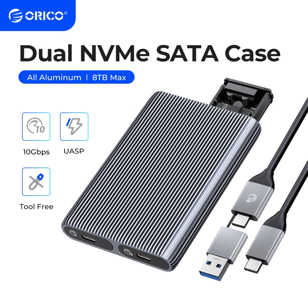 Orico ฟรีเครื่องมืออลูมิเนียม Dual-Bay ฮาร์ดไดรฟ์ภายนอก USB C Gen2 10Gbps ถึง M.2 NVME SATA สนับสนุนฮาร์ดไดรฟ์ M.2 SSD M Key 2230 2242 2260 2280 สูงสุด 8TB(AM2C3-2SN)