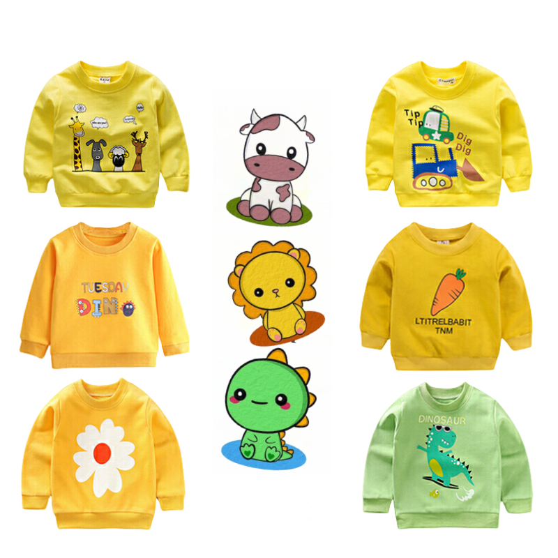 3-8 ปีเด็กเสื้อยืดผ้าฝ้ายแขนยาวน่ารักหมีดอกไม้ลายไดโนเสาร์