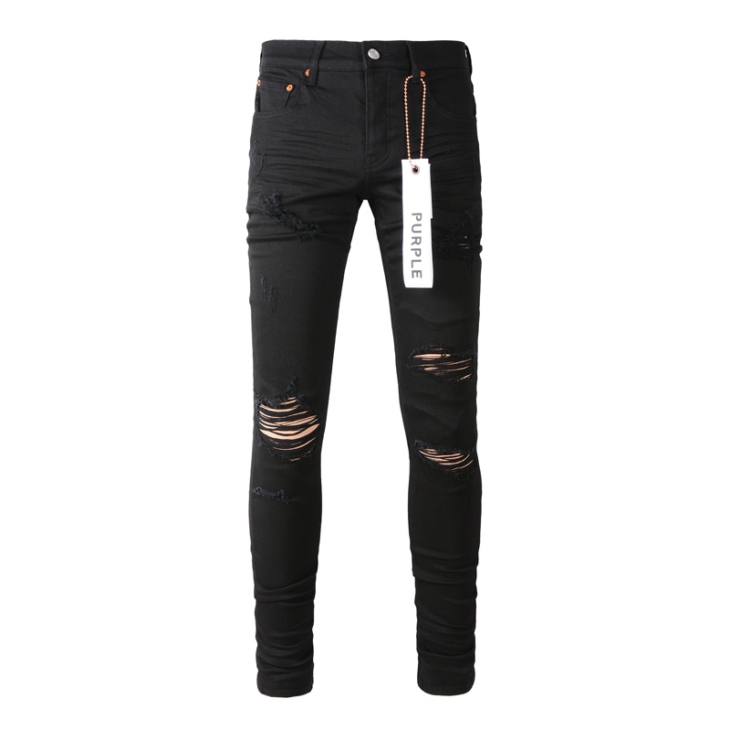 Purple Brand Fashion Men Jeans with Black Tight Fit and Broken Hole Craft Design High Quality Button Men Street Fashion Denim Pants