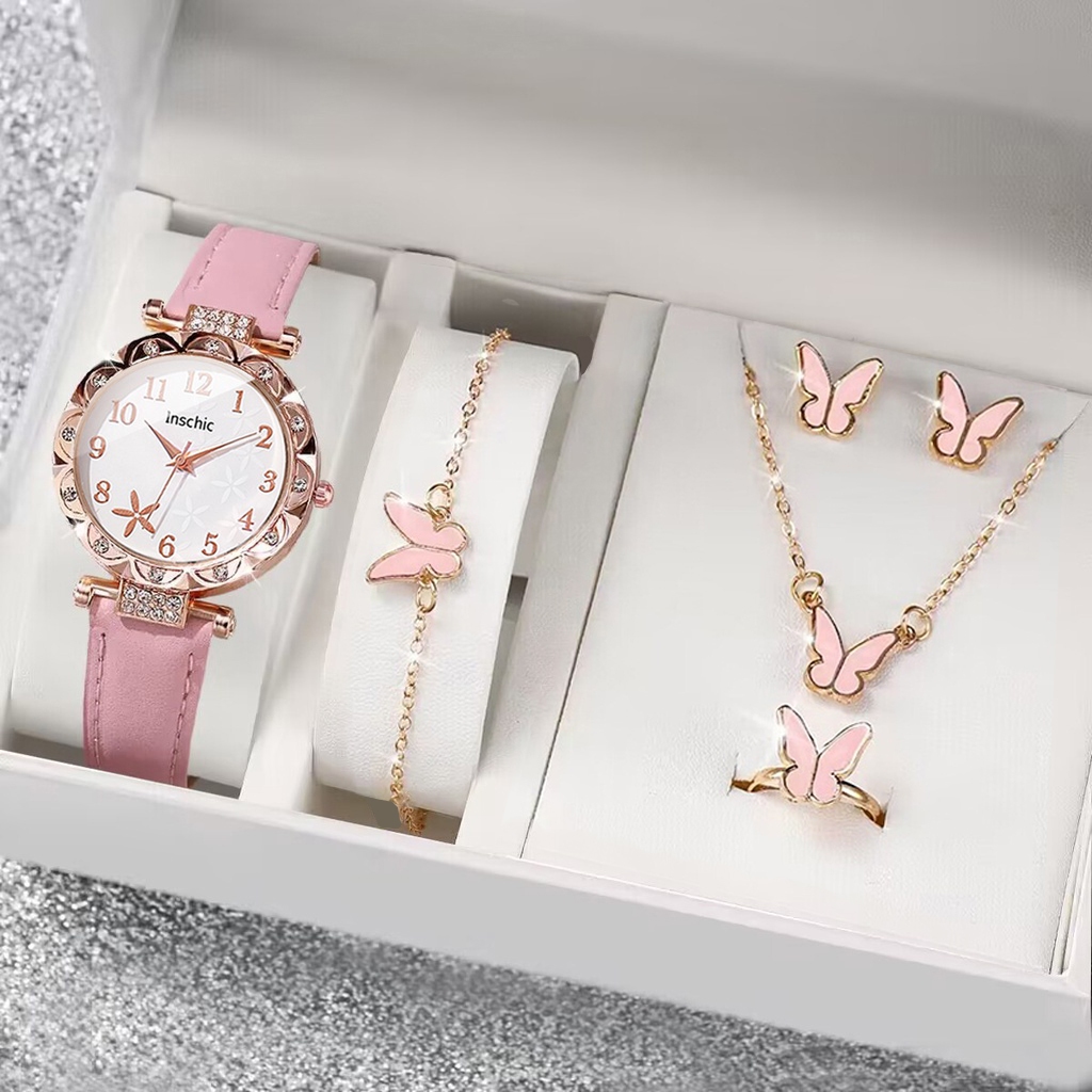 【นาฬิกา + เครื่องประดับ】ชุดนาฬิกาข้อมือควอตซ์ สายหนัง หน้าปัดปลาดาว สําหรับผู้หญิง