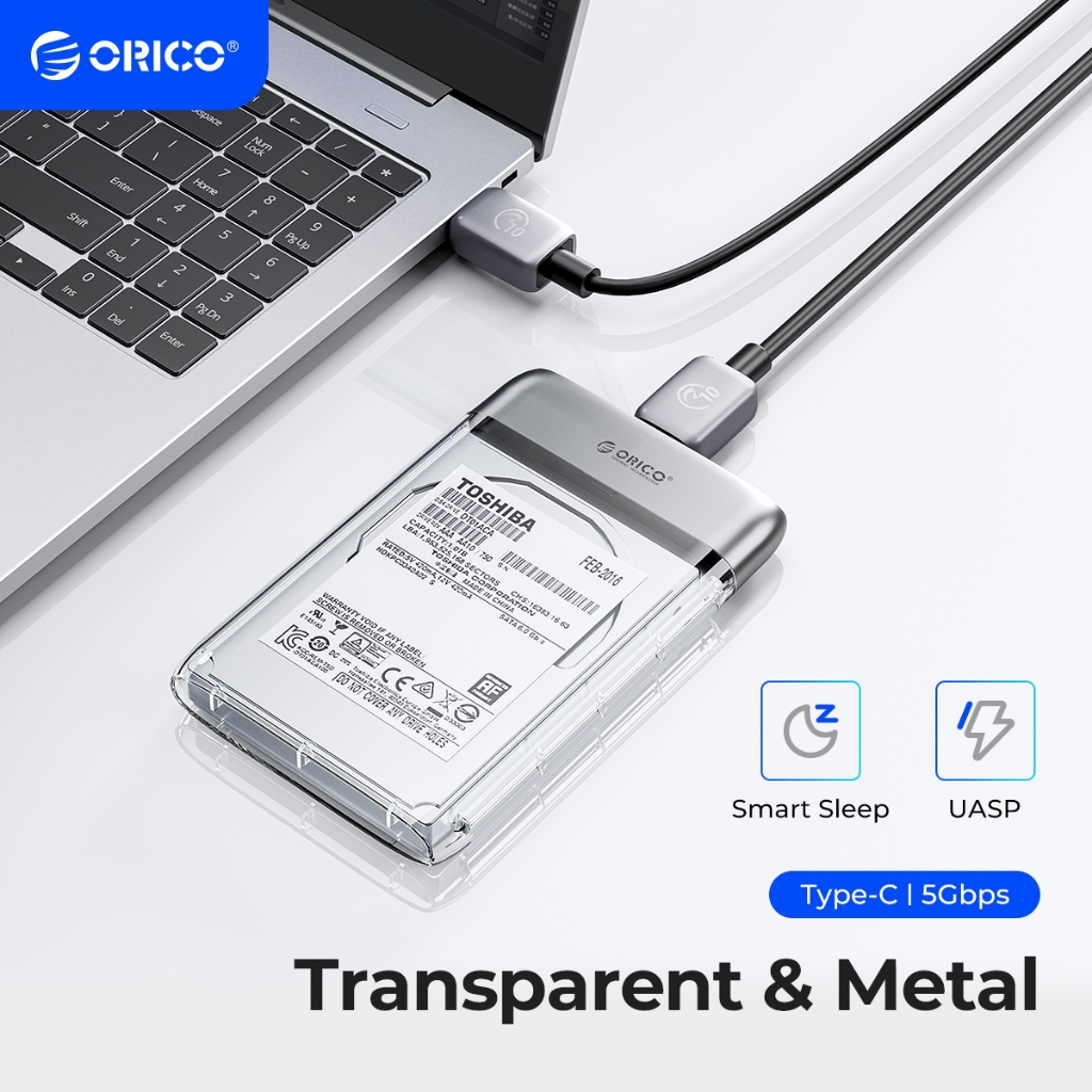 Orico 2.5 "HDD Enclosureโปร่งใสType-Cฮาร์ดไดรฟ์กรณีUSB3.0 5GbpsโลหะHDD/SSDกรณีสนับสนุนการนอนหลับอัตโนมัติสําหรับPCแล็ปท็อปโน้ตบุ๊ค (TX25C3)