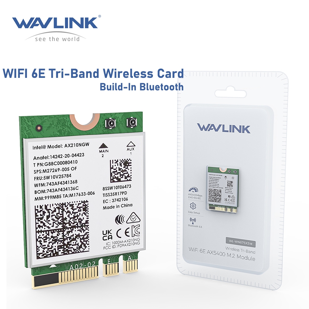 Wavlink Intel AX210 อะแดปเตอร์การ์ดเครือข่าย WiFi 6E Tri-Band 5400Mbps 2.4GHz 5GHz 6GHz พร้อมบลูทูธ 5.3 สําหรับแล็ปท็อป ความล่าช้าต่ํามาก รองรับ Windows 10 11 (64bit) M.2 NG