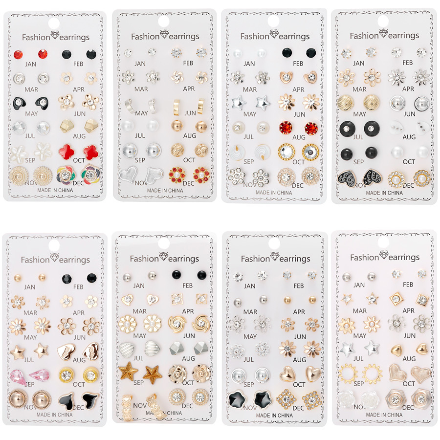 ชุดต่างหูสตั๊ด รูปหัวใจ ดอกไม้ ประดับมุกคริสตัล 12 เดือน 12 คู่ สําหรับผู้หญิง