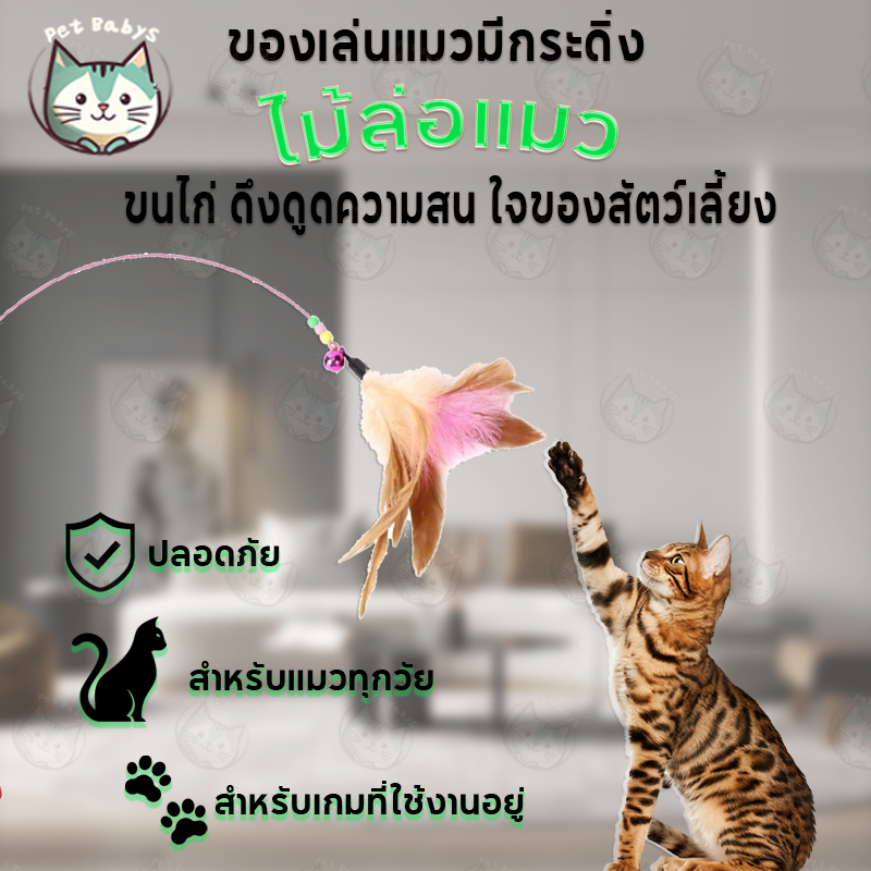 ไม้ตกแมว ไม้ล่อแมว ไ ขนนกหลายสี มีกระดิ่ง ม้ตกแมวแบบสปริง แบบลวดสลิง