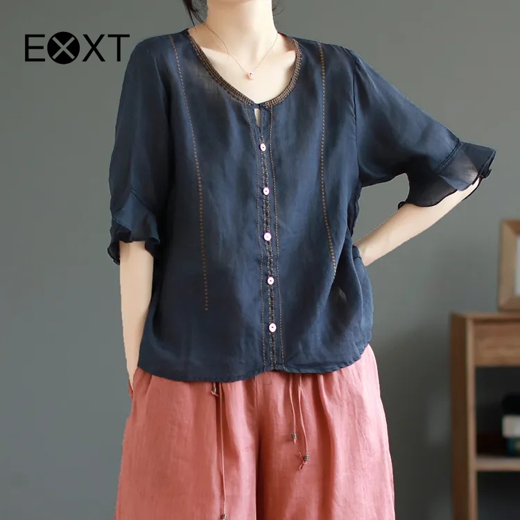 Edqrdq EXXT เสื้อเบลาส์ลําลอง ผ้าฝ้าย แขนกระดิ่ง 3/4 คอวี ปักลาย ทรงหลวม สําหรับผู้หญิง