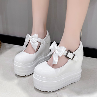 รองเท้าเวดจ์สตรีประดับโบว์หรูหรา 12 ซม. รองเท้าส้นสูงพิเศษแพ…