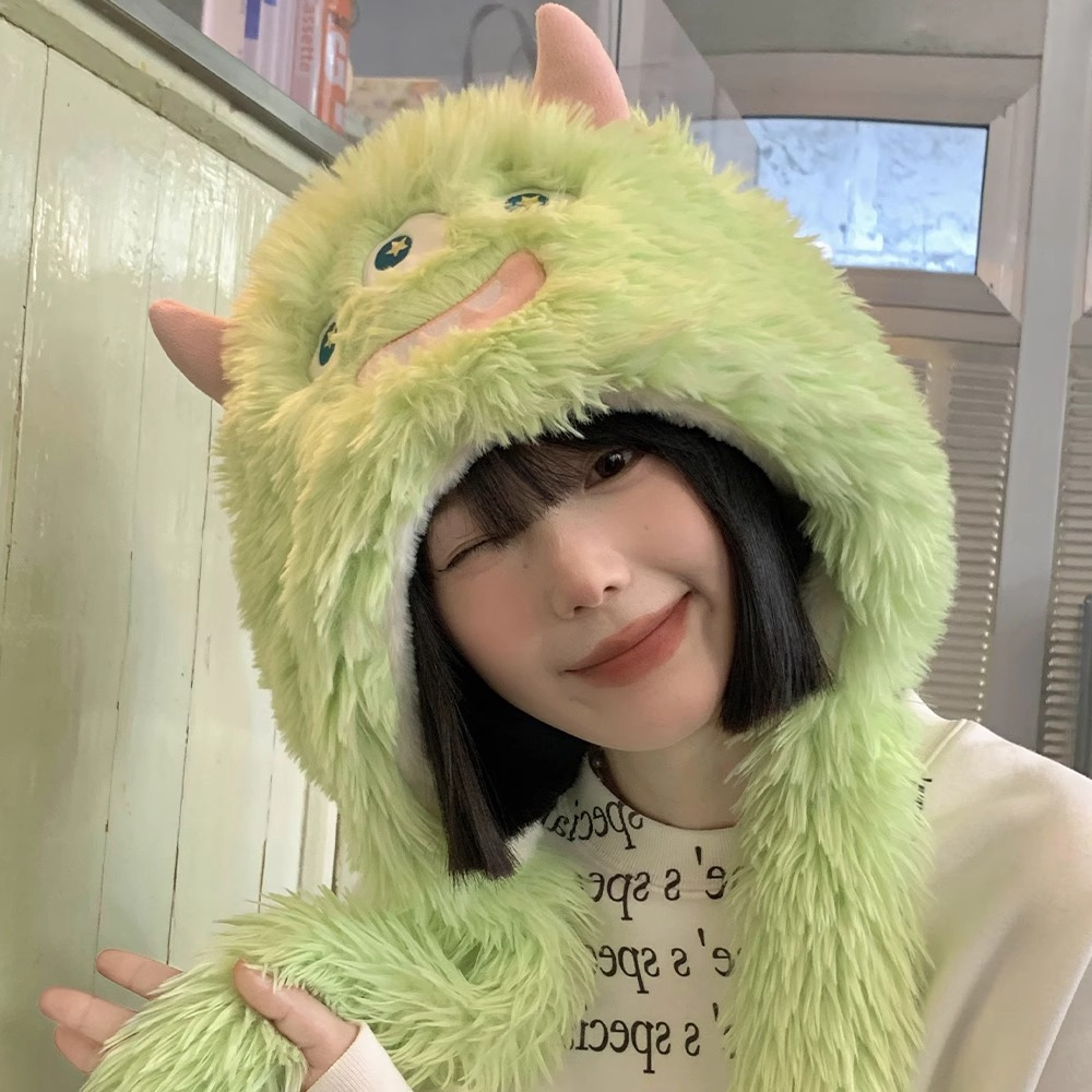 หมวกตุ๊กตาน่ารัก ป้องกันคอ แต่งขนฟู ให้ความอบอุ่น ลายการ์ตูนน่ารัก เหมาะกับฤดูหนาว สําหรับผู้หญิง