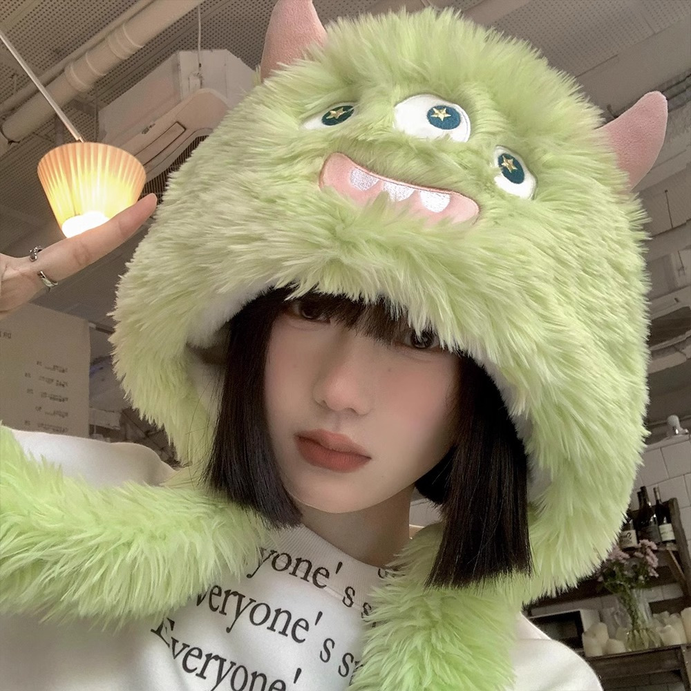 หมวกตุ๊กตาน่ารัก ป้องกันคอ แต่งขนฟู ให้ความอบอุ่น ลายการ์ตูนน่ารัก เหมาะกับฤดูหนาว สําหรับผู้หญิง