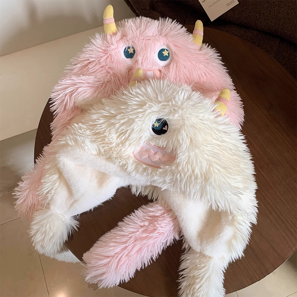 หมวกตุ๊กตาน่ารัก ป้องกันคอ แต่งขนฟู ให้ความอบอุ่น ลายการ์ตูนน่ารัก เหมาะกับฤดูหนาว สําหรับผู้หญิง