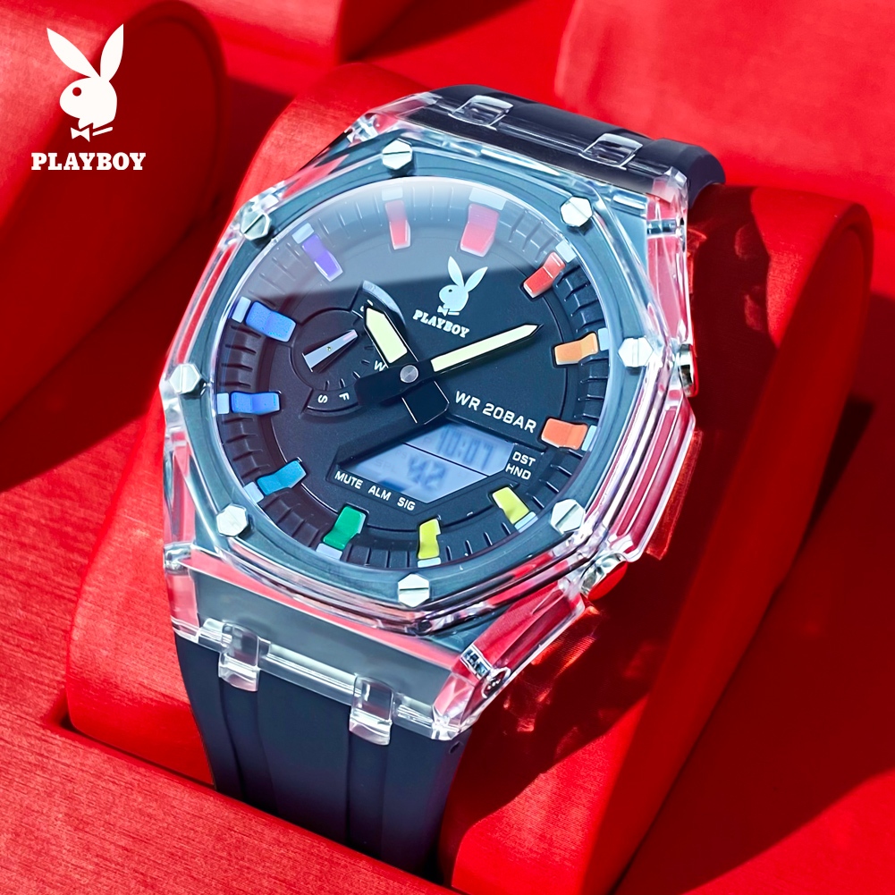 PLAYBOY นาฬิกาผู้ชาย กันน้ํา 100% กันกระแทก อเนกประสงค์ นาฬิกาข้อมือดิจิทัล สายซิลิโคน หน้าจอ LED สไตล์สปอร์ต นาฬิกาข้อมือ 2066
