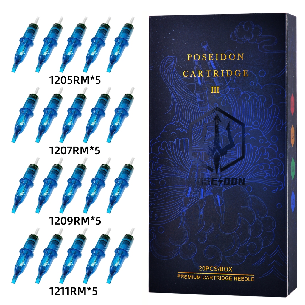 Poseidon ตลับเข็มสัก 20 ชิ้น/กล่อง CM/RM ขนาดผสม สําหรับเครื่องสักแบบปากกา ชุดอุปกรณ์สัก