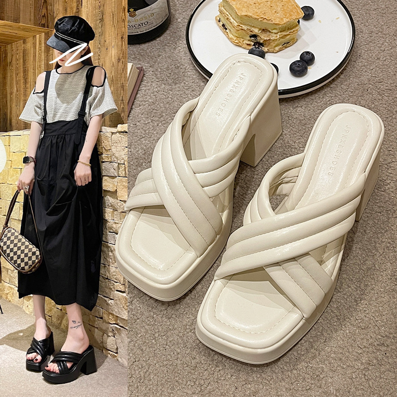 JINxCHOY SHOES ฤดูร้อนสีทึบส้นสูงรองเท้าที่เรียบง่ายร้อยสำนักงานเดินทางช้อปปิ้งผู้หญิงรองเท้า