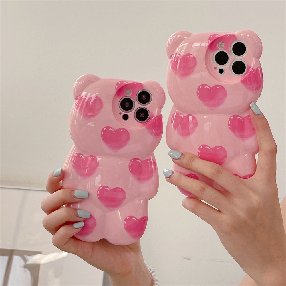 เคสโทรศัพท์มือถือ ป้องกันเลนส์ ลายการ์ตูนหมี สีชมพู กันกระแทก สําหรับ iPhone 11 12 13 14 15 Pro Max Plus X XR XS