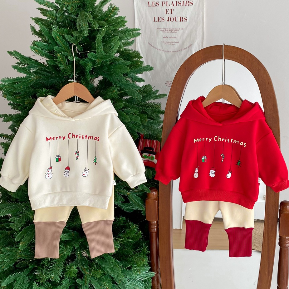 เสื้อกันหนาวแขนยาว มีฮู้ด พิมพ์ลายซานตาคลอส สโนว์แมน และกางเกง สองชิ้น สําหรับเด็กทารกแรกเกิดผู้ชาย และเด็กผู้หญิง อายุ 0-2 ปี
