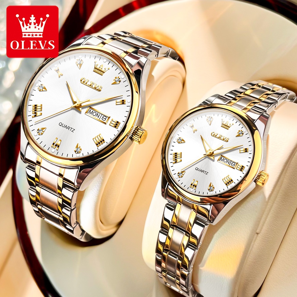 OLEVS นาฬิกาคู่ กันน้ํา 100% เรืองแสง ปฏิทิน สายนาฬิกาสแตนเลส นาฬิกาผู้ชาย นาฬิกาข้อมือผู้หญิง 5563