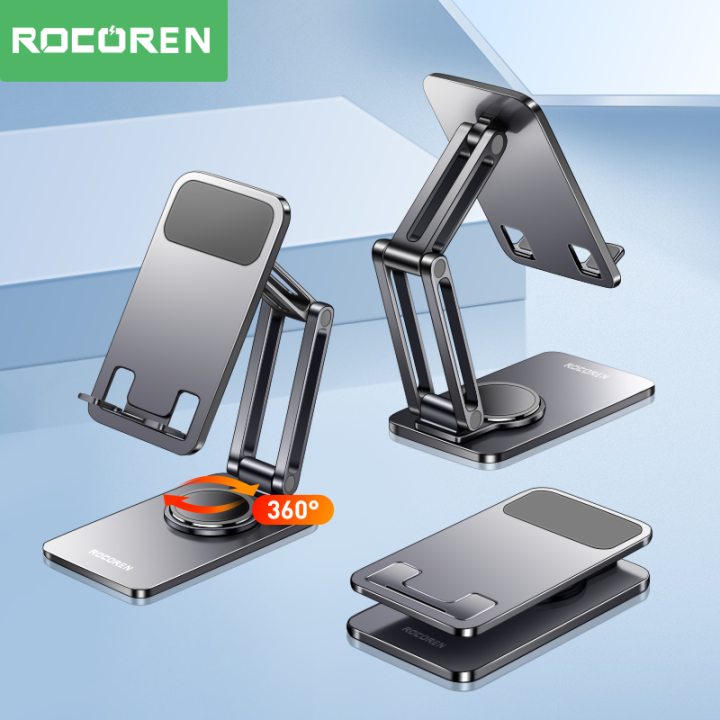 Rocoren ที่วางโทรศัพท์ 360° ขาตั้งโทรศัพท์มือถือ แบบโลหะ หมุนได้ พับได้ สําหรับ iPhone Samsung Xiaomi iPad