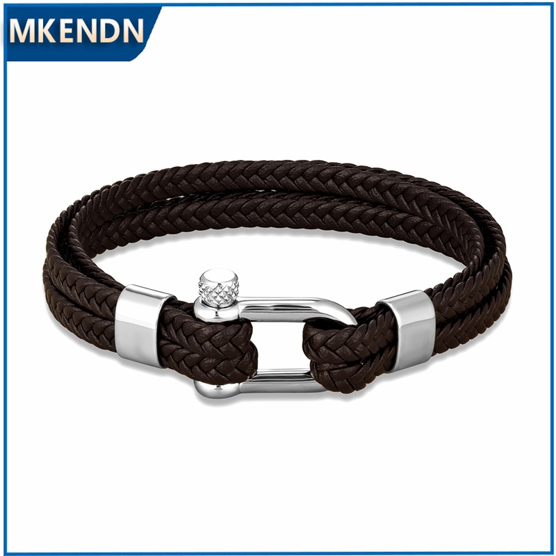 Mkendn แฟชั่น Casual Men สร้อยข้อมือ U-shape สร้อยข้อมือ Multilayer กาแฟสร้อยข้อมือหนังผู้ชายสแตนเลสกีฬาหัวเข็มขัด