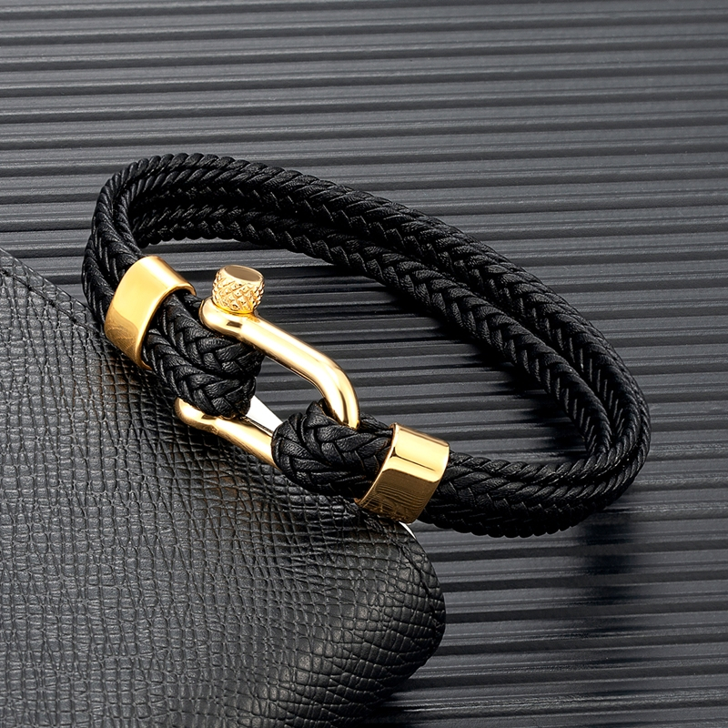 Mkendn สีกรมท่าผู้ชาย U-shape Shackle สร้อยข้อมือทอ Multilayer สร้อยข้อมือหนังสําหรับผู้หญิงสแตนเลสกีฬาหัวเข็มขัด