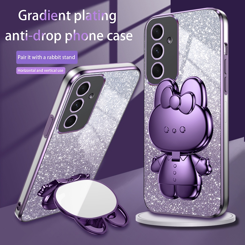 Bling Glitter ผู ้ ถือโทรศัพท ์ กระต ่ ายสําหรับ Samsung Galaxy A14 A24 A34 A54 A73 A53 A33 A23 A13 A32 A72 A52 A52S 5G ชุบ Make up กระจกวงเล ็ บซิลิโคนกันกระแทก