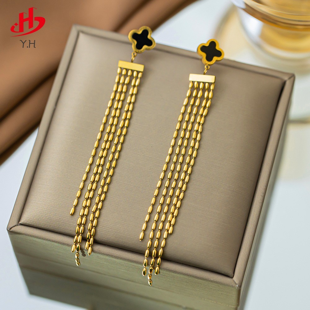 Y.H 316L โคลเวอร์สี่ใบ โซ่ 18K สีทอง ต่างหูสแตนเลส