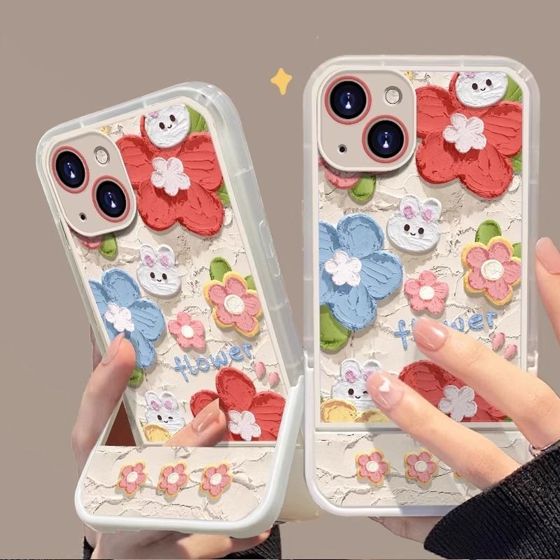 เคสโทรศัพท์มือถือ กันลื่น และกันสิ่งสกปรก ลายดอกไม้ กระต่าย พร้อมขาตั้ง สําหรับ OPPO a5 a3s a7 a12 a31 2020 f11 a9 2020 a5 2020 a32 2020 a53 2020 a15 a15s a1 5g