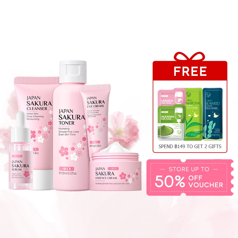 Laikou Japan Sakura Skin Care set Cleanser - Toner -Serum - อายครีม - ครีมบํารุงผิวหน้า 5 ชิ้น กล่องของขวัญ - ทางเลือกที่ดีสําหรับของขวัญ