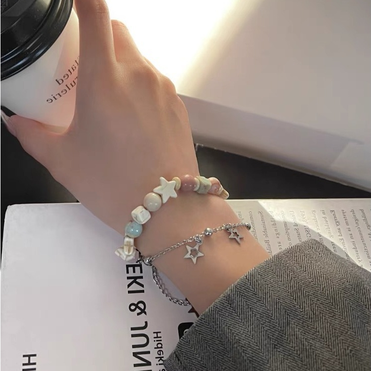 แฟชั่น สองชั้น สร้อยข้อมือโซ่ เรขาคณิต ดาว ลูกปัด หินธรรมชาติ สร้อยข้อมือ สําหรับผู้หญิง เครื่องประดับ ของขวัญ