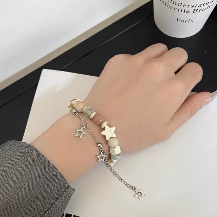 แฟชั่น สองชั้น สร้อยข้อมือโซ่ เรขาคณิต ดาว ลูกปัด หินธรรมชาติ สร้อยข้อมือ สําหรับผู้หญิง เครื่องประดับ ของขวัญ