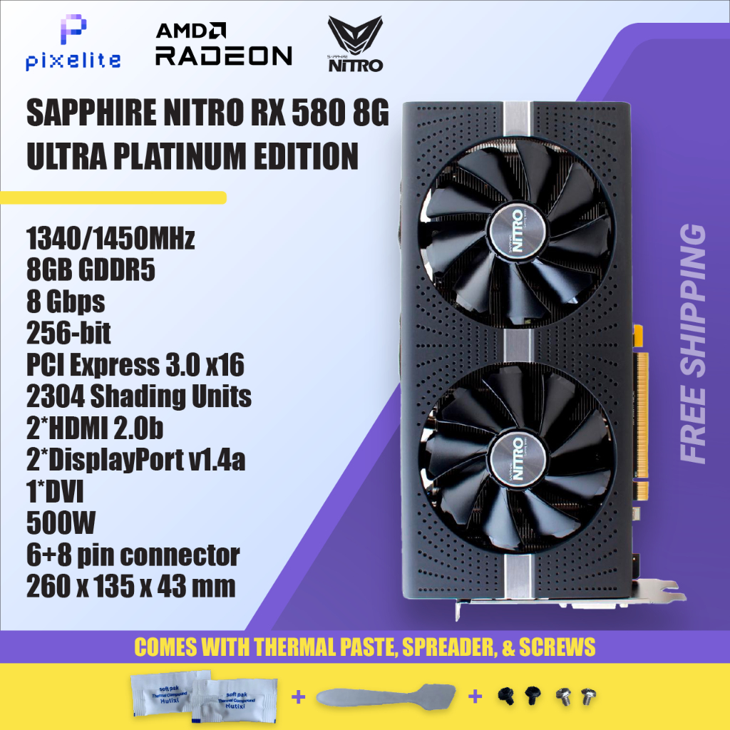 การ์ดจอ RX 580 2304sp Ultra platinum Nitro 8G 8GB D5 มีไฟ led DUAL FAN AMD GPU