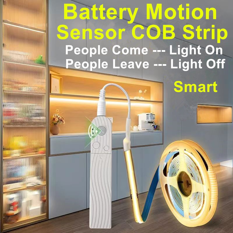 กล่องแบตเตอรี่ 5V COB LED Strip Light พร้อม PIR Motion Sensor สวิทช์ยืดหยุ่น LED เทปความหนาแน่นสูง 320Leds/m FOB ไฟริบบิ้น LED เชือกสําหรับห้องนอนตู้ครัวเคาน์เตอร์