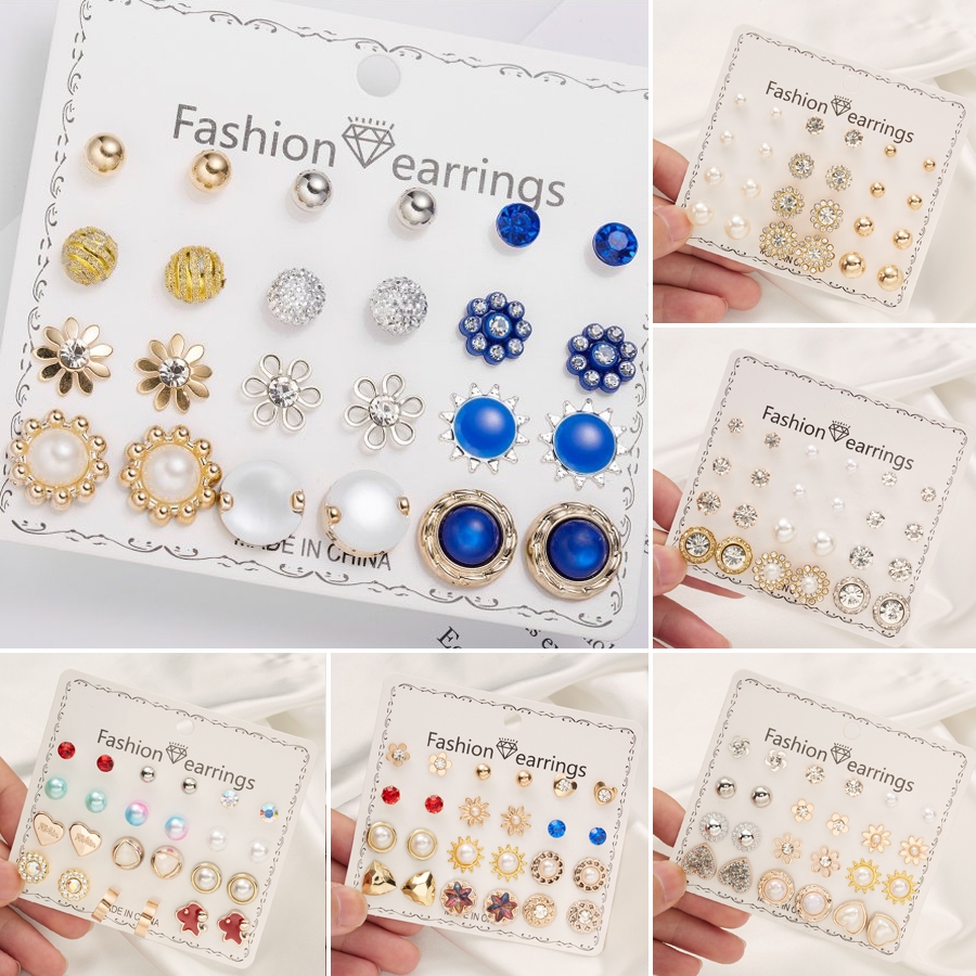 แฟชั่น 12 คู่ / เซต ที่มีสีสัน มุก เพทาย คริสตัล ดอกไม้ บอล ต่างหู ชุดผู้หญิง ต่างหูสตั๊ด เครื่องประดับ ของขวัญ