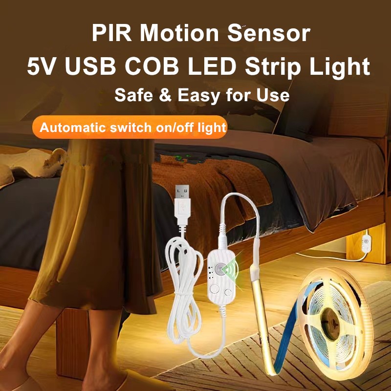 แถบไฟ LED COB USB 5V พร้อมสวิตช์เซนเซอร์ตรวจจับการเคลื่อนไหว PIR สําหรับห้องครัว ห้องนอน ตู้ ชั้นวางไวน์ ตู้เสื้อผ้า เครื่องประดับ กระจกแต่งตัว เตียง โคมไฟ DIY