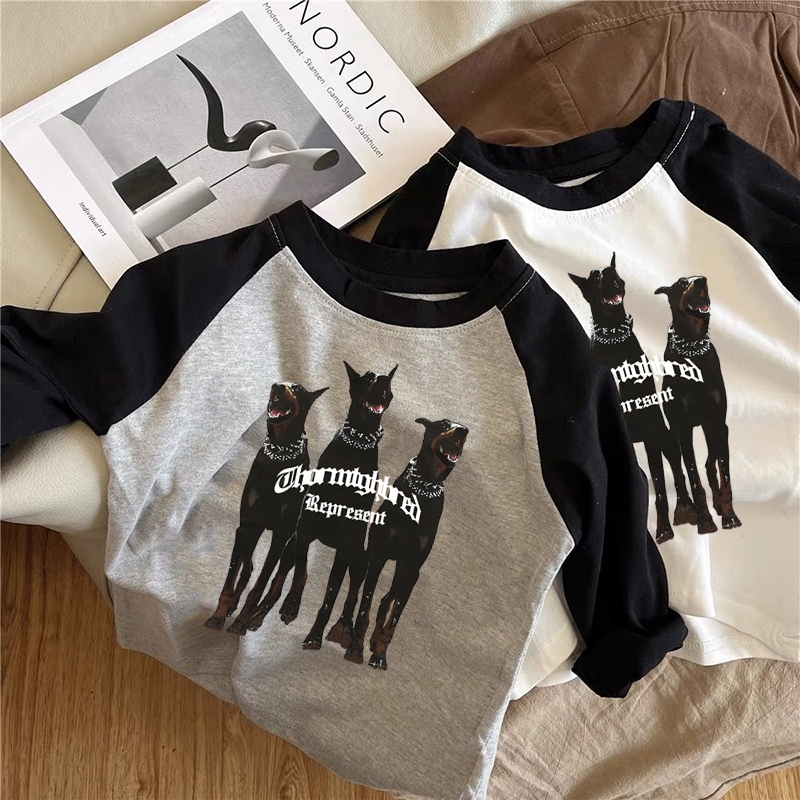 ผ้าฝ้ายแท้เด็กเด็กแขนยาวเสื้อยืด 2024 ฤดูร้อนใหม่รูปแบบการ์ตูนสบายๆรอบคอเด็กผู้หญิงเสื้อเด็ก