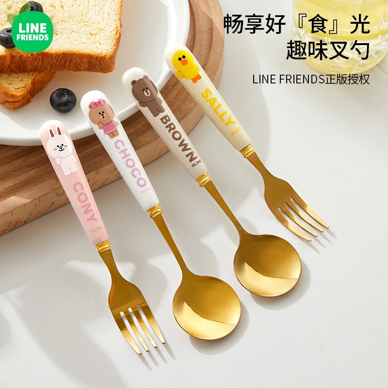 Line FRIENDS ชุดช้อนส้อม สเตนเลส 304 สีทอง สไตล์ตะวันตก สําหรับขนมหวาน เค้ก กาแฟ