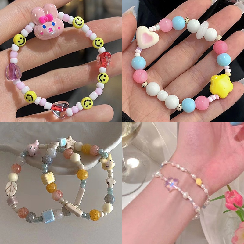 สร้อยข้อมือ ประดับลูกปัดเซรามิค รูปกระต่าย และดาวน่ารัก สีมาการอง แฟชั่นฤดูร้อน สําหรับผู้หญิง