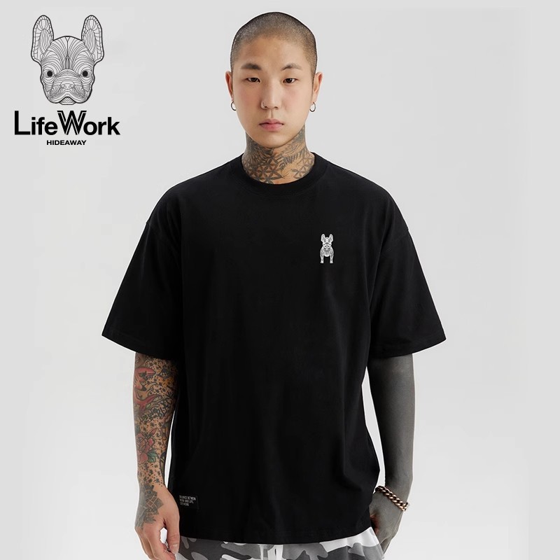 Lifework ใหม่ เสื้อยืดแขนสั้นลําลอง ทรงหลวม ลายสุนัขฝรั่งเศส สไตล์เกาหลี สําหรับผู้ชาย และผู้หญิง