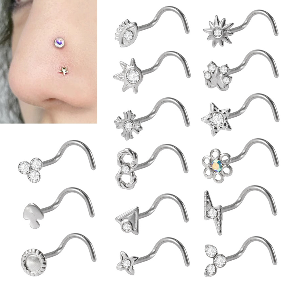 1 ชิ้นสแตนเลส S รูปร่าง Nostril เจาะ Sun ดอกไม้เพทายจมูกเจาะ Moon รูปหัวใจจมูก Stud Body เครื่องประดับ