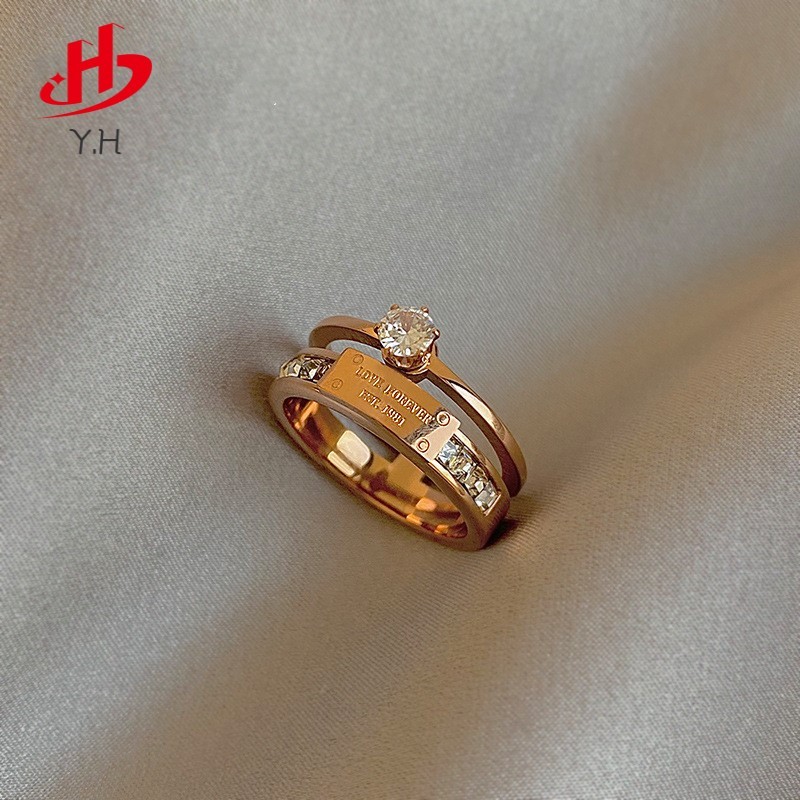 Y.H 316L สองชั้น เพชร สีทอง 18 K แหวนสแตนเลส