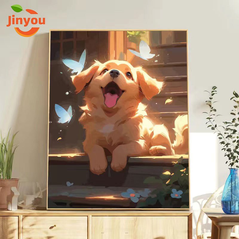 JINYOU【30*40/40*50ซม.】สุนัขจำพวกทอง/ระบายสีตามตัวเลข/สีอะคริลิคสี/ภาพระบายสีตามตัวเลข/ภาพวาดตกแต่งสัตว์เลี้ยง
