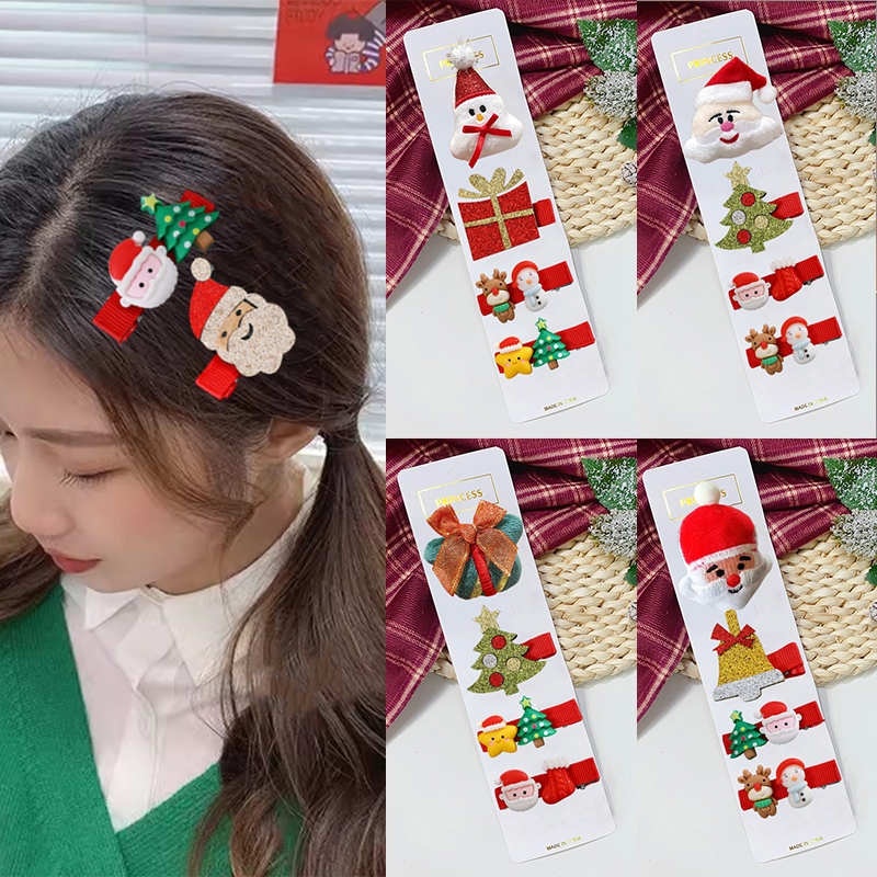Mh แฟชั่น 4 ชิ้น / เซต คริสต์มาส เครื่องประดับผม โบว์ กวาง ต้นคริสต์มาส ชุดกิ๊บ สําหรับเด็กผู้หญิง น่ารัก สามมิติ สโนว์แมน กิ๊บ สําหรับนักเรียน ของขวัญ เครื่องประดับ